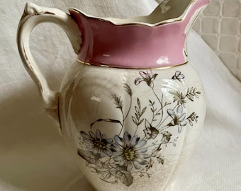 Antique 1890s Pink Transferware Pitcher - Tea Stained Victorian Ironstone - Wabi Sabi Shabby Chic Decor - English Country Bud Vase