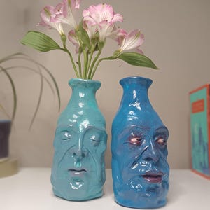 Unique Hand Sculpted Clay Face Vase: Quirky Blue & Turquoise Handmade Home Decor