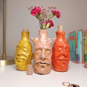 Quirky Hand Sculpted Decorative Bottles -  Unusual Mini Bud Vases, Small Handmade Bottle Vase display piece, Alternative Ornamental Décor