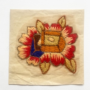 Vintage French Art Deco Embroidered Appliqué, Red, Amber and Olive, woollen yarns