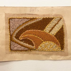 Vintage French Embroidered Textile Appliqué, Silky and Woollen Yarns, Brown Gold and Cream