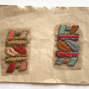 Vintage French Art Deco Embroidered Appliqué, Woollen Yarn, Coral, Teal and Amber