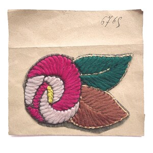 Vintage French Floral Appliqué, Woollen and Silky Yarn, Magenta, Teal and Brown