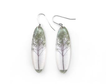 Tall Oval Green Tree Earrings