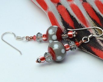 Red & Gray, Lampwork Earrings, Dotted, Christmas, Playful, DoreenDesigns, Casual or Dress, Any Time of Day Wear, One of a Kind, Bold Dangles