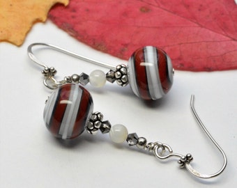 Lampwork Earrings, Brick Red & White, Sporty, Handmade, Any Day, Glass Dangles, DoreenDesigns , Playful, OOAK, Festive, One of a Kind