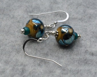 Teal & Silver Earrings, Lampwork Earrings, Iridescent Handmade Beads, Holiday Dangles,  DoreenDesigns, Evening Jewelry, OOAK, Editors Pick