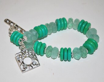 Turquoise Bracelet, Fluorite, Sterling Clasp, Faceted Stone, Green Turquoise, Heishi Beads, OOAK, Unique, Natural Stone, DoreenDesigns