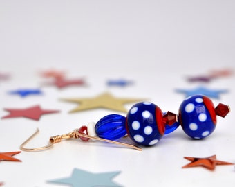 Patriotic Earrings, Red, White, Blue, Dangles, Artisan Lampwork, DoreenDesigns, One of a Kind, July 4th, Patriot's Day, Celebrate, USA, Vote