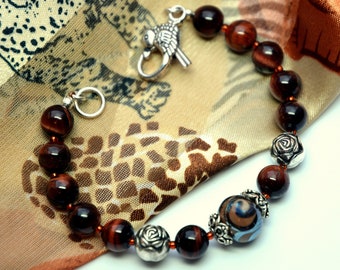 Red Tiger's Eye Bracelet, Silver Bird Clasp, Silver Rose, Artisan Lampwork, DoreenDesigns, One of a Kind, Bohemian, Warm, Rich Rust Color,