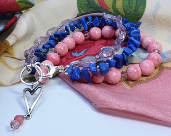 Rhodochrosite, Lapis & Amethyst Bracelet, Pink, Blue, Lavender, 3 strand, Sterling Clasp, One of a Kind, DoreenDesigns, Semi-Precious Stone