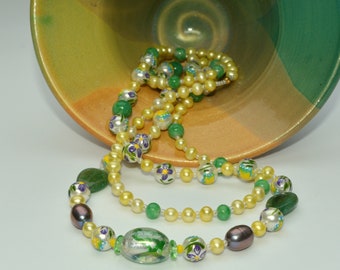 Yellow & Green Necklace, Long, 35 in., Spring Jewelry, Pearls, Aventurine, Lampwork, DoreenDesigns, Garden, Floral Necklace, One of a Kind