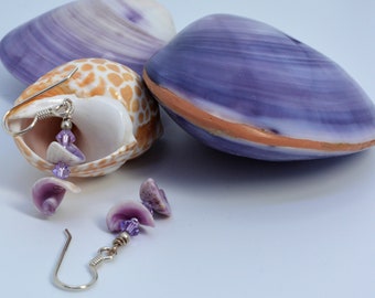 Purple Shell Earrings, Mauve, Shell Swirls, Dangles, One of a Kind, Wampum, DoreenDesigns, Ocean, Beach Jewelry, Shell Slices, Casual, OOAK