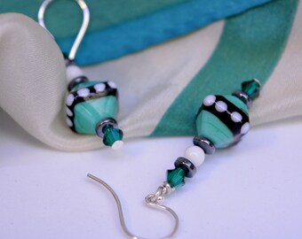 Green White Dangles, Dotted Lampwork, Any Day Wear, Unique, One of a Kind, DoreenDesigns, Hematite, White Agate, Teal, Vacation Jewelry