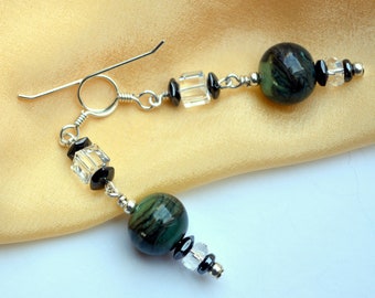 Green Lampwork Dangles, Forest Green, Earthy, Hematite, Crystals, DoreenDesigns, One of a Kind, Artisan Beads, Long Dangles, Nature Lover