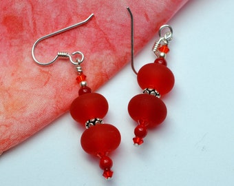 Cherry Red Earrings, Valentine Dangles, Frosted Lampwork Glass, Playful Dangles, One of a Kind, DoreenDesigns, Party Earrings, Hot Hot, XXOO