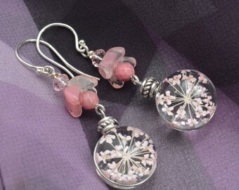 Pink Queen Ann's Lace Dangles, Flower Earrings, Wild Carrot, Summer, Sterling Silver, DoreenDesigns, One of a Kind, Casual, Handmade, OOAK