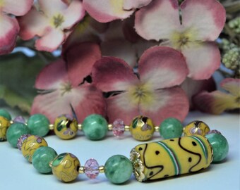 Green & Yellow Cloisonne Necklace, Choker, Child Jewelry, Natural Jade, Flower Garden, Feminine, DoreenDesigns, Original, OOAK, For the Teen