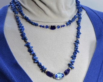 Lapis Lazuli Necklace, Sterling Silver, Long, 43.5 inches, Polished Nuggets, Lampwork Center, Natural Stone, One of a Kind, DoreenDesigns