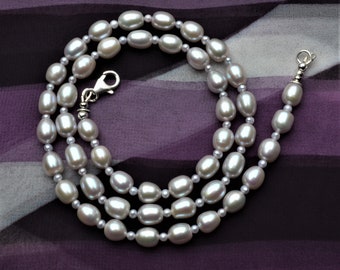 Silver Pearl Necklace, Fresh Water Pearls, 20 inches long, DoreenDesigns, Handmade, One of a Kind, Hint of Lavender Tint, Any Time Wear