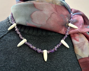 Amethyst & Shell Necklace, Lavender Nuggets, White Shell Daggers, Ethnic, Tribal, Adjustable Length, DoreenDesigns, One of a Kind, Sterling