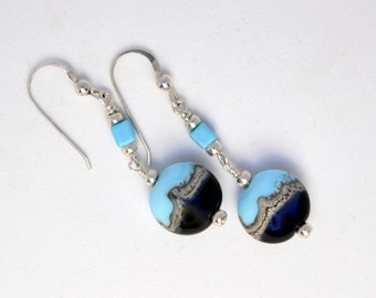 Artisan Glass Earrings, Lampwork Dangles, Blue, Gray, Silver,  DoreenDesigns, One of a Kind, Scenic, Sea, Sand and Sky, Dunes, Summer, Beach