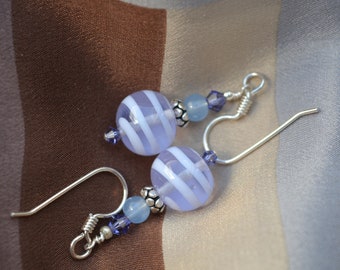 Lavender Lampwork Earrings, White Swirls, Agate, Crystal, HypoAllergenic Argentium Hooks, DoreenDesigns, One of a Kind, Feminine Design
