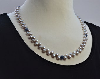 Silver Pearl Necklace, Zig-Zag Strand Design, Lapis Lazuli Beads, Blue, 20 1/2 inches long, DoreenDesigns, Unique, Handmade, One of a Kind