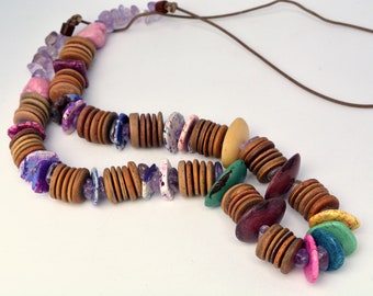 Natural Necklace, Organic, Wood, Amethyst,  Natural Stone Discs, Taqua Nuts, DoreenDesigns, Unisex, Fun, Tribal, Casual Jewelry, OOAK, Fun