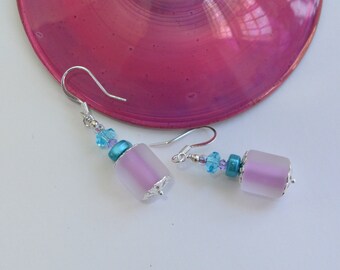 Frosted Glass Earrings, Pink Dangles, Funky, One of a Kind, Feminine, Easter Gift, DoreenDesigns, Pastel, Sweet Sixteen, Vacation, Teen