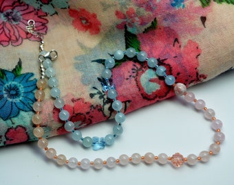 Pink Blue Necklace, 18 in., Beryl, Semi Precious, Feminine, Delicate, Handmade Beaded Necklace, DoreenDesigns, OOAK, For Sweetheart, Teen