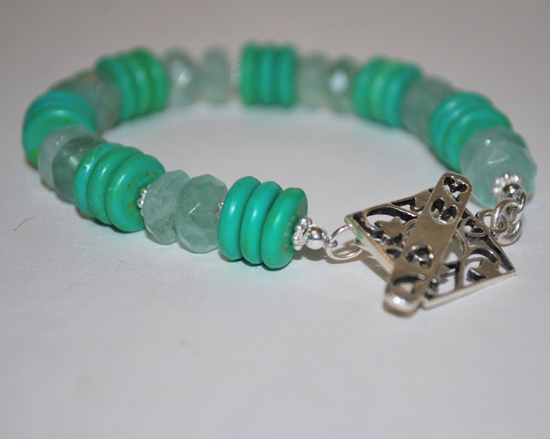 Turquoise Bracelet, Fluorite, Sterling Clasp, Faceted Stone, Green Turquoise, Heishi Beads, OOAK, Unique, Natural Stone, DoreenDesigns image 4