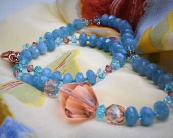 Aquamarine & Crystal Necklace, Peach Crystal Center, Copper Clasp, Doreenesigns, One of a Kind, Celebrate, Handmade, Semi-Precious Stone