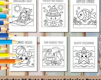 Dibujos para colorear de verano para niños: playa, helados, vida marina (PDF imprimible)