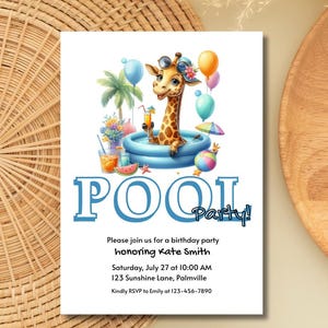Giraffe Pool Party Invitation: Editable Canva Template (Printable & Mobile)