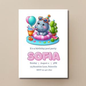 Summer Pool Party Invitation | Hippo Theme, Editable Template (Digital Download)