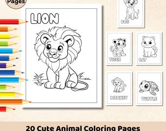 20 Animal Coloring Pages for Kids, Printable PDF (Instant Download)
