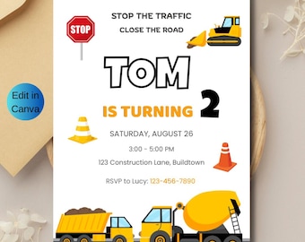 Construction Truck Birthday Invitation | Excavator Birthday Invite | Dump Truck Party Invitation | Editable Canva Template | Instant Downloa
