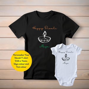 Happy Diwali Graphic T Shirt, Personalised Family Matching Outfit, Diwali Celebration Shirt, Custom Name Shirt, Coloured Cotton Diwali Shirt