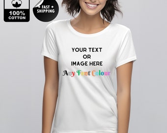 Może przedstawiać: Biała koszulka z tekstem "YOUR TEXT OR IMAGE HERE" i "Any Font Colour" w kolorach tęczy.