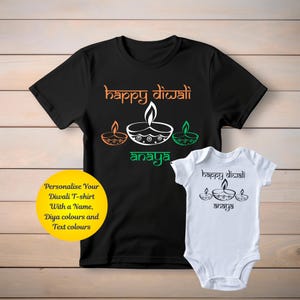 Happy Diwali Shirt with Diya Lamp, Happy Diwali Diya T Shirt, Personalised Family Matching Outfit, Custom Name Shirt, Diwali Festival Shirt