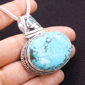 Tibetanischer Türkis mit Blautopas Anhänger/Feinsilberarbeit/Handgefertigte Edelsteinkette/Handgefertigter Schmuck Geschenk für Sie/Einzigartiger Boho Anhänger