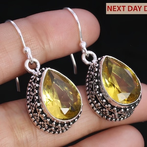 Citrine Drop Earrings/Elegant Silver Dangles for Birthday Gifts/Gift For women UK/Boho Chic Jewellery For Women/Birthday/Anniversary Gift