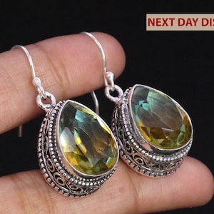 Bi-Color Tourmaline Drop Earrings/Fine Silver Dangle Jewellery/Handmade Gemstone Earrings/Unique Gift for Her/UK Artisan/Boho Style Earrings