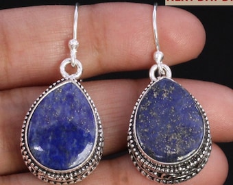 Zilveren lapis lazuli-oorbellen, fijn bewerkte edelsteenhangers