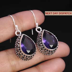 Pendientes colgantes de amatista en plata fina, regalo para mujeres, niñas, cumpleaños o aniversario, envío al día siguiente