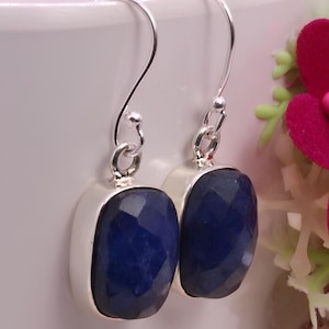 Handmade Sterling Silver Earrings with Raw Sapphire Stones/Exquisite Gift for Her/Unique Dangle Design/Artisan Gemstone Jewelry/For Her