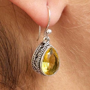 Citrine Drop Silver Earrings/Handmade Silver Gemstone Jewellery/Boho Dangly Earrings/Unique Gift for Her/Elegant Boho Statement Earrings