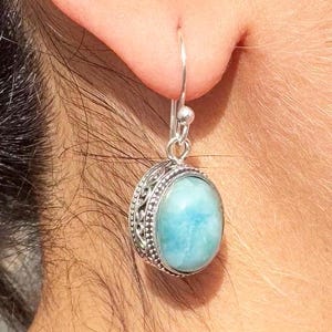 Larimar Dangle Earrings/Natural Blue Gemstone Drops/Silver Handmade Jewellery/Fine Work Earrings/Gift for Her/Ocean Blue Boho Earrings