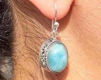 Larimar hangoorbellen, handgemaakte zilveren edelsteensieraden